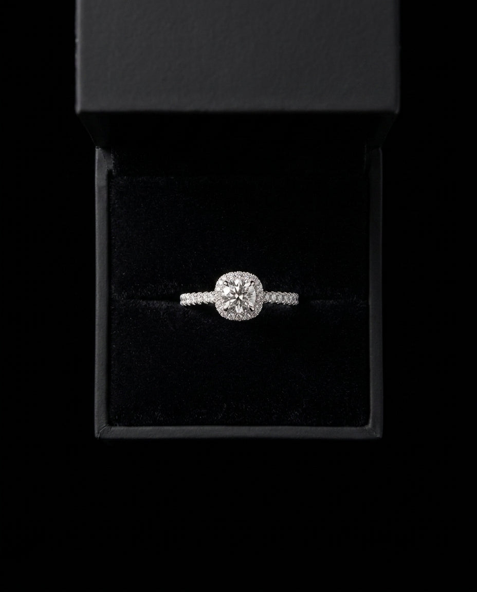 Halo diamond ring — Luxury Packaging Presentation | Generated by Modelize