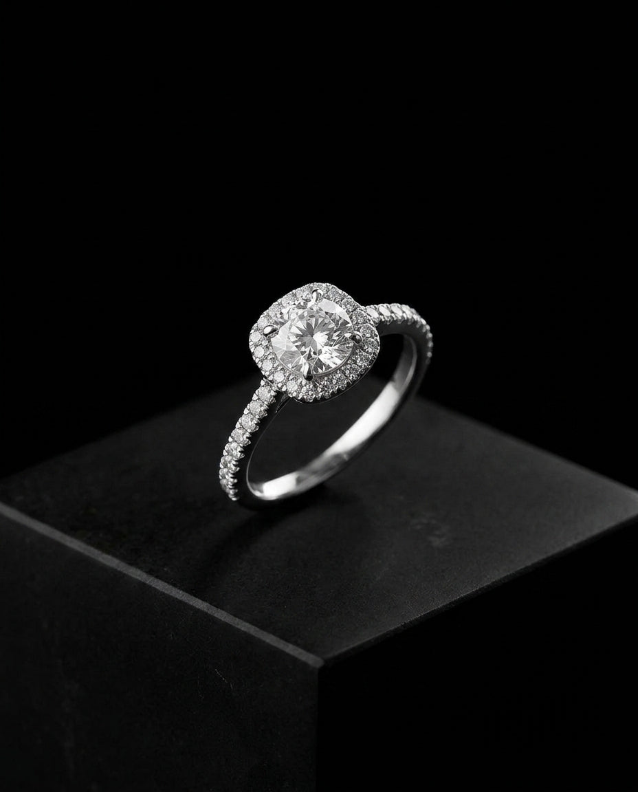 Halo engagement ring — Floating Editorial Angle | Generated by Modelize